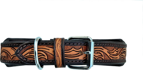 Leather Dog Collar, Western Style Heavy Duty Hand Tooled Adjustable Beaded and Padded for Puppies and Big Dogs