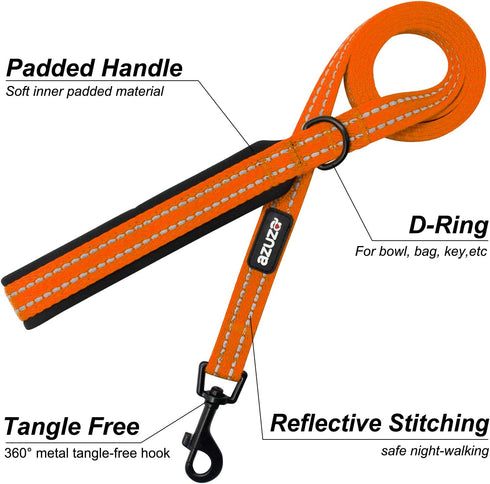 azuza Durable Padded Dog Leash and Collar Set - Reflective Strip for Large Dogs, Extra Safe and Comfy, Orange