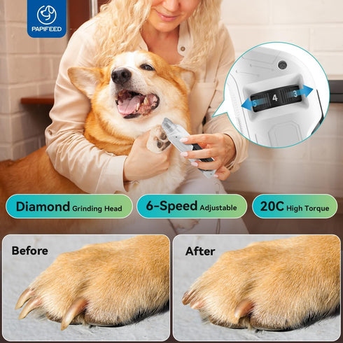 6-Speed Trimmer PAPIFEED Dog & Cat Nail Grinder, High Torque Electric Pet Nail Kit with LED Light, Dust Collection