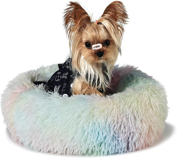 Fluffy Rainbow Dog Bed, Extra Small Washable Calming Dog Bed, Rainbow for Small Dogs 15 inches, Donut Soft Small Pet