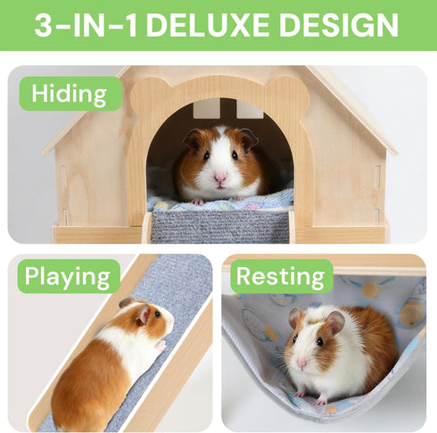 LUCKYBOPAN Hammock, Guinea Pig Hideout- Wooden Guinea Pig Toys with Stairs and Mat & Detachable Double-Decker House