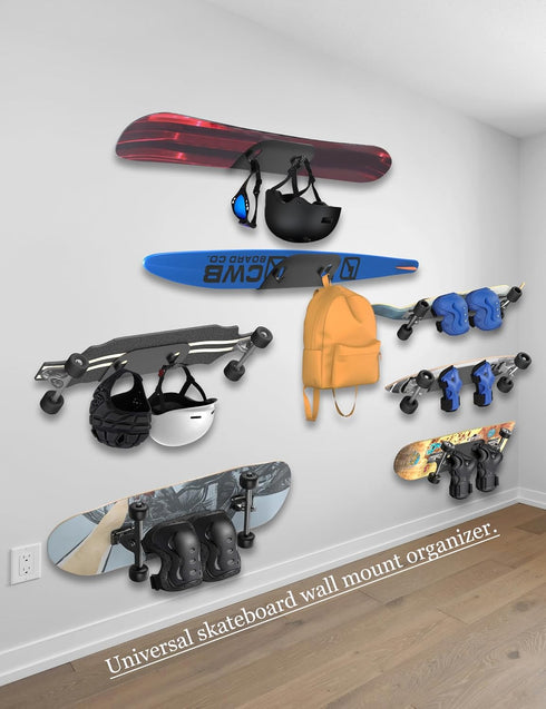 Wall Mount Holder for Skateboard/Snowboard/Longboard, Heavy-Duty Metal Display Rack with Hooks