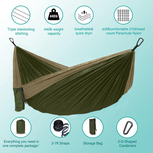 Portable Camping Hammock, Single/Double for Outdoor Hiking Travel, 210D Nylon Swing for Backyard & Garden