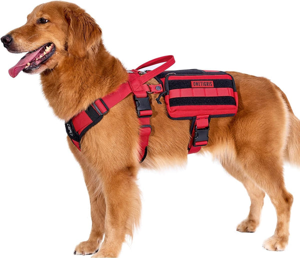 OneTigris Service Dog Vest Harness, Red, Large, Molle Backpack with Pouches for Medium & Large Dogs