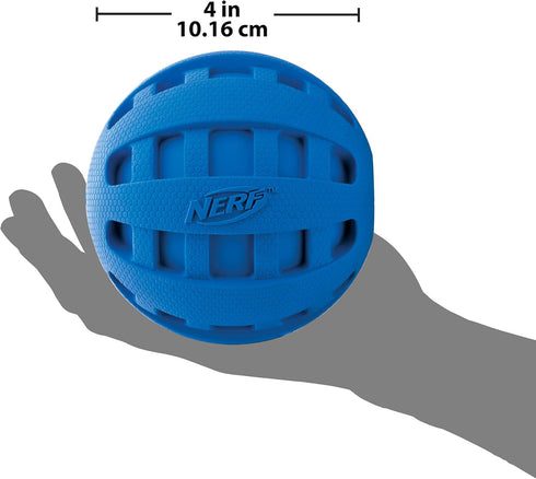 Nerf Dog Blue Rubber Ball Toy with Checkered Squeaker, Lightweight, Durable, Water Resistant, 4 Inch Diameter, Single