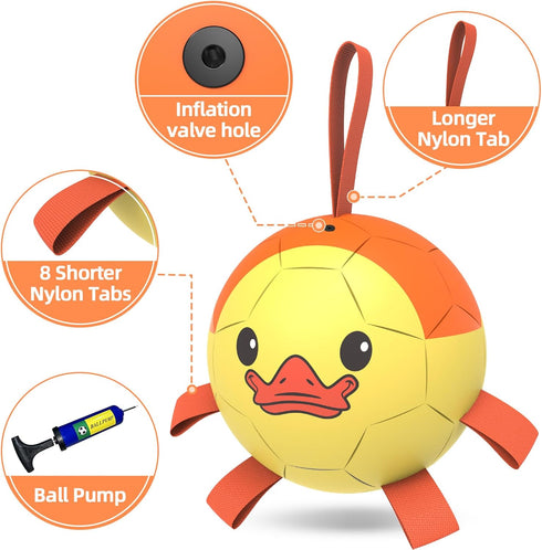 Dog Toys Soccer Ball with Straps - Interactive Tug of War Toy, Durable Dog Balls for Medium & Large Dogs (Duck, 8 Inch)
