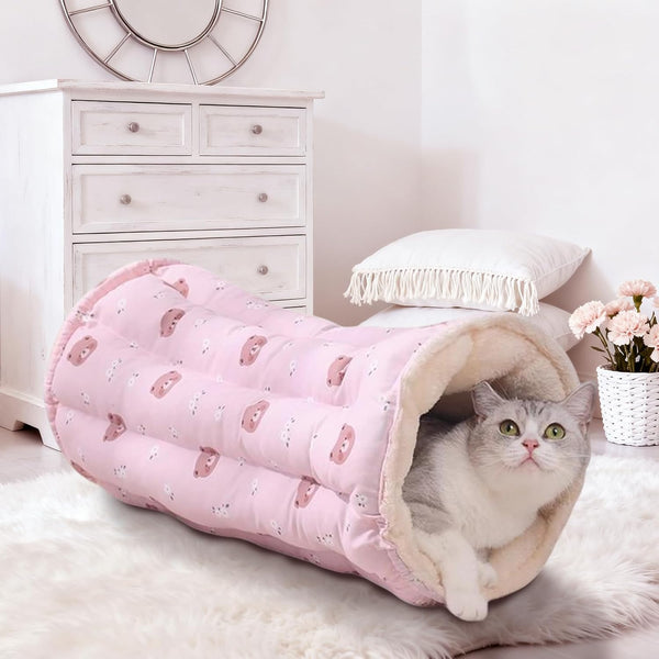 Cat Tunnel Toy with Winter Warm Cat Bed Mat, Reversible Plush &