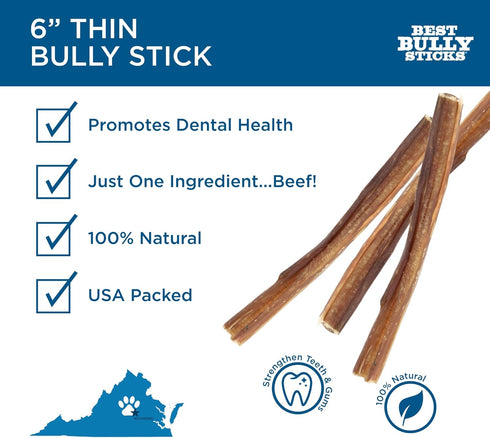 Best Bully Sticks 6 Inch All-Natural Thin Bully Sticks for Dogs - 24 Pack, 100% Grass-Fed Beef, Grain and Rawhide Free