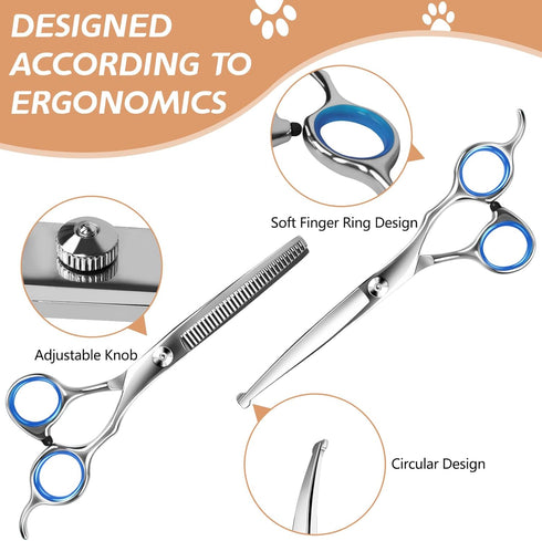 Niura Set Pet Grooming Scissors - Professional Stainless Steel Grooming Kit with Curved, Straight, Thinning, Round Tip