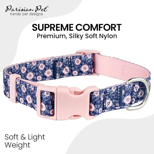 Parisian Pet Dog Collar, Adjustable “Midnight Blossoms” Pattern Collar for Female Puppies, Comfortable Nylon for Small