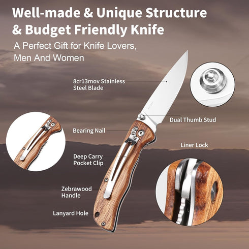 Folding Pocket Knife with Liner Lock, 8Cr13MoV 3.74" Stainless Steel Blade, Brown Wood Handle for Outdoor Camping