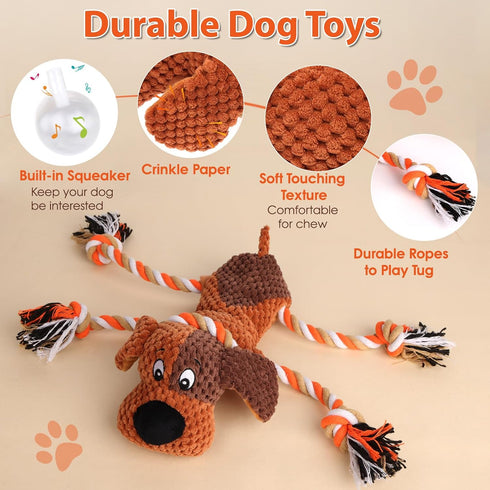 Drmstow Plush Dog Toys with Rope, Squeaker & Crinkle Paper Interactive Squeaky Chew Toy for Large Dogs & Puppies Tough