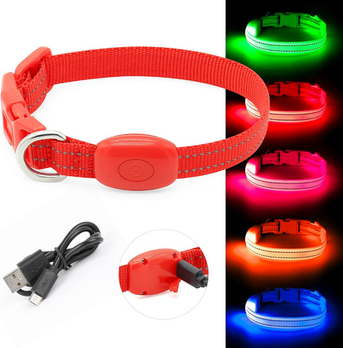 BSEEN LED Dog Collar - Rechargeable Light Up Collar for Small Dogs & Cats, Reflective Adjustable Safety Lights (Red, XS)