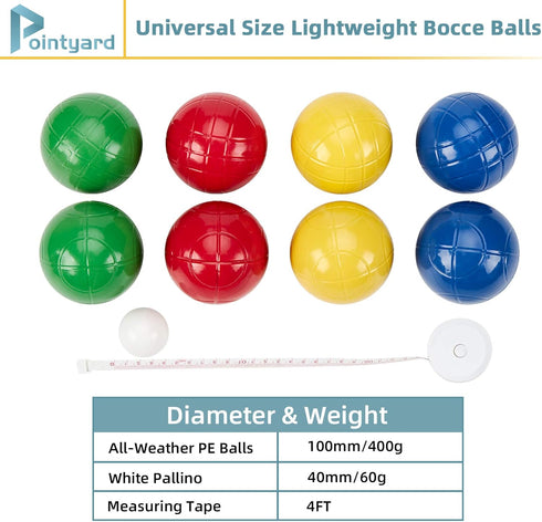100mm Set, Set 8 Balls/1 Pointyard Bocce Ball Regulation Bocci Ball with PE Bocce Pallino/Carrying Bag/Measuring Tape