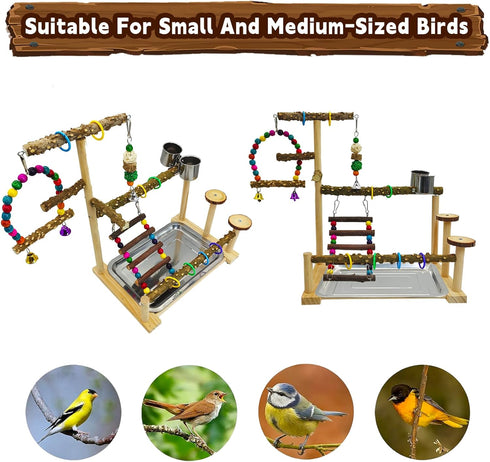 kathson Parrot Play Stand Parakeet Playground Bird Jungle Gym Wood Conure Playstand Hanging Chewing Toys with Swings