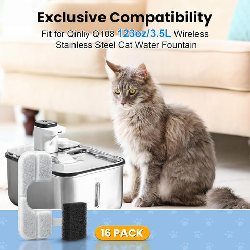 16 Pack 16 Q108 123oz/3.5L Replacement Filters & Pump Filter Sponges for Qinliy Stainless Steel Cat Water Fountain