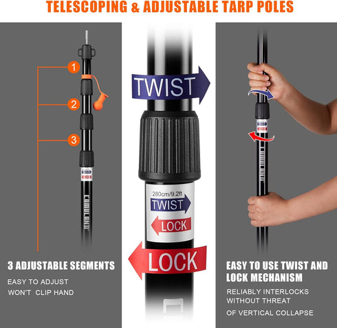 Tent Poles for Tarp, CAMULAND Telescoping Camping Gear Accessories, Adjustable Lightweight Aluminum Set with Carry Bag