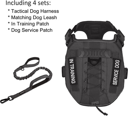 Petmolico Tactical Dog Harness, Black M, No Pull with Leash, Hook and Loop Panels for Medium Dogs, Military Service