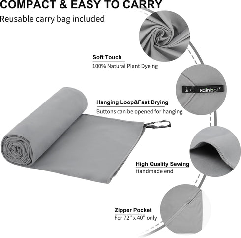 Backpacking, Rainleaf Microfiber Towel Perfect Travel & Gym & Camping Towel. Quick Dry - Super Absorbent - Ultra