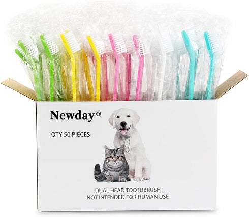 50 Pack Dual Ended Long Dog & Cat Toothbrush, Pet Safe Super Soft Bristles for Pet Dog Puppy Kitten Dental & Oral Care Teeth & Gums, Pet toothbrushes in box, Bulk individual polybag (Colorful)