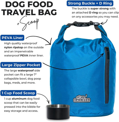 Dog Food Travel Bag w/ 1 Cup Scoop and Zipper Side Pocket | Waterproof Kibble Storage Container for Home, Road Trips, Camping, Boarding and More (Blue, 32 Cups)