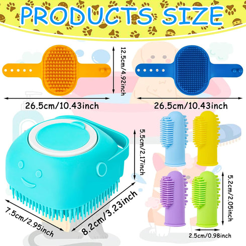 Ponpon 3PCS Dog Bath Brush with 4Pcs Dog Toothbrush, Adjustable Ring Handle Dog Shampoo Brush for Bathing