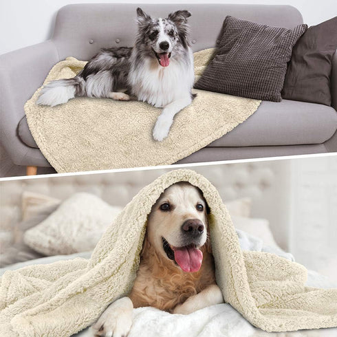 PetAmi Fluffy Waterproof Dog Blanket for Large Dogs - Soft Warm Sherpa Throw, Reversible Cat Blanket, Washable (Beige