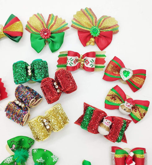 30pcs Dog Puppy Cat Mix Christmas Shiny Rhinestone Hair Bows Rubber Bands Pet Xmas Grooming Accessories