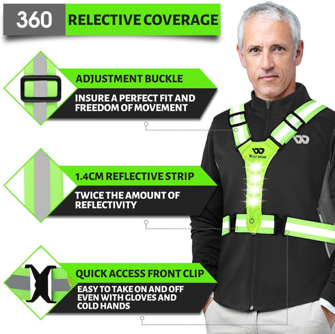 West Biking Running Vest Light, LED Reflective Gear for Night Walking, High Visibility Rechargeable Light Up Running