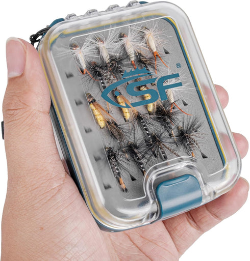 SF Plastic Fly Fishing Box, Waterproof Pocket, Double Side Clear Lid, Easy Grip Black Foam with Lanyard