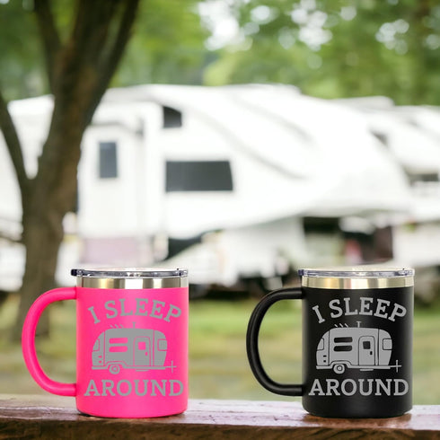 I Sleep Around Customized Insulated Stainless Steel Coffee Mugs, Personalized Camper Tumbler (12oz, Black)