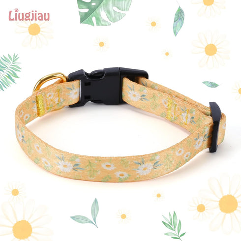 Cotton Handmade Dog Collar for Small Medium Large Dogs, Yellow Daisy with Pendant Cute Dog Collars, Ideal for Girl Dogs