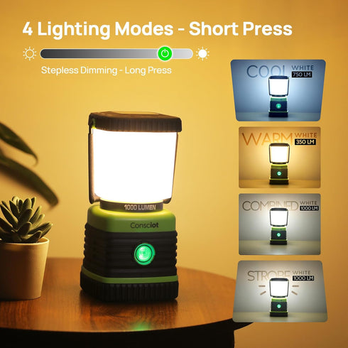 1000LM, 4 IPX4 2-Pack Consciot LED Battery Powered Camping Lantern, Light Modes, Waterproof Portable Tent Flashlight