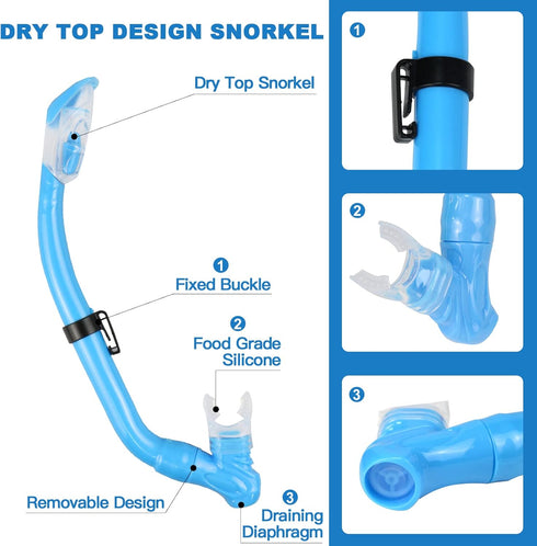 Kids Snorkeling Set with Adjustable Flippers, Panoramic Snorkel Mask, Dry Snorkel Tube, Travel Bags for Ages 5-14