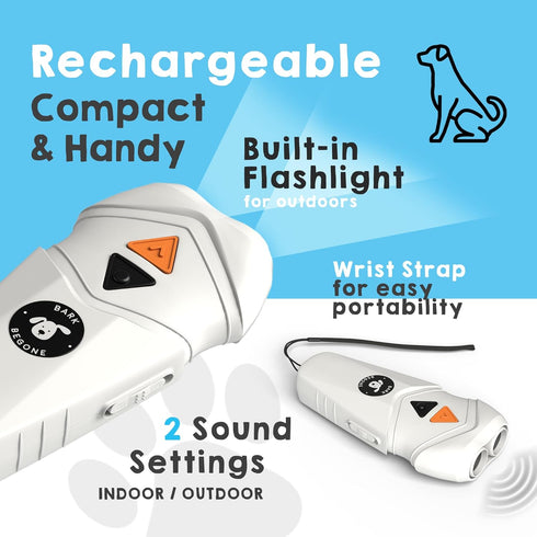 NEW 2024 Bark Begone Rechargeable Dog Trainer - Anti Barking Device, Ultrasonic Emitter, Long Range, Correct Poor