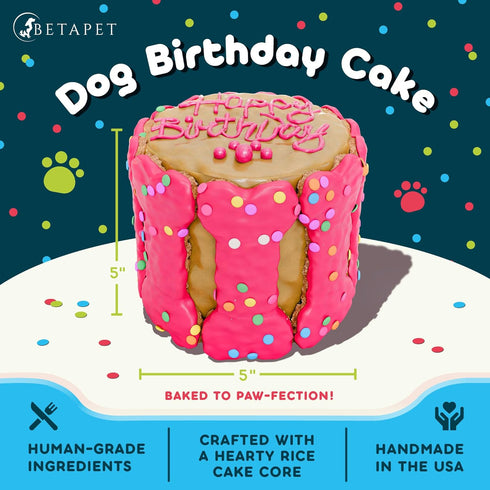 Dog Birthday Cake for Dogs to Eat - Rice Cake Based Dessert Made with Dog Birthday Treats and Human Grade Ingredients - Happy Birthday Dog Cake - Dog Birthday Gift for Puppy (5"x5"x5", Pink)