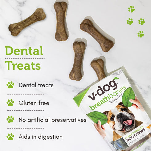 V-dog Vegan Breathbone Teeth Cleaning Dental Dog Bones, Fresh Breath, 8 Ounces, All Natural, Made in USA
