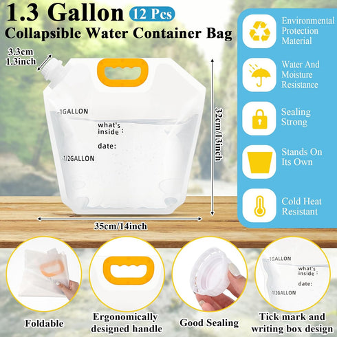 12 Pack 1.3 Tessco for you Gallon Collapsible Water Storage Bag Water Container Emergency Jug Plastic Storage Pouch