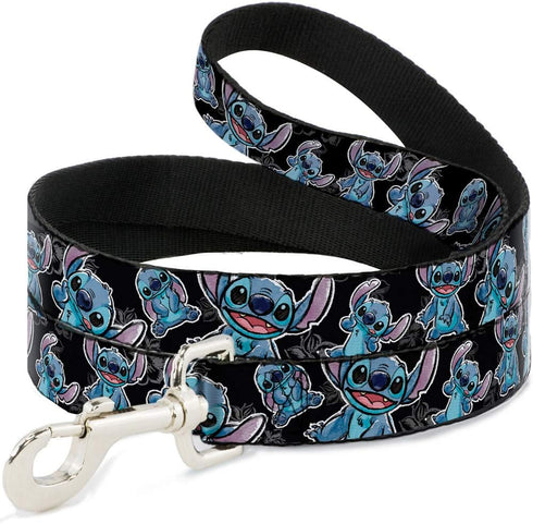 Buckle-Down Pet Leash - Stitch Poses/Hibiscus Sketch Black/Gray/Blue - 4 Feet Long - 1/2" Wide