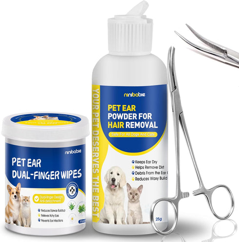 Dog Ear Hair Removal Kit with Powder & 5.5" Curved Locking Forceps