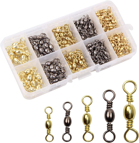 Fishing Barrel Swivels, 200pcs Rolling Ball Bearing Swivels with Solid Ring, Copper & Stainless Steel, Size 2-10