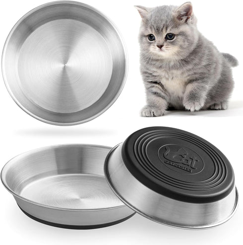 Stainless Steel Cat Bowls, 3 Pack Whisker Friendly Shallow Dishes for Food and Water, Non-slip Silicone Bottom