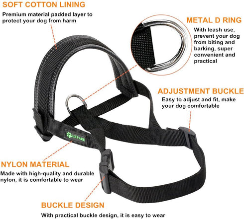 Lepark Nylon Dog Muzzle, Adjustable Loop for Small, Medium, Large Dogs, Prevents Biting, Barking, Chewing (L/Black)
