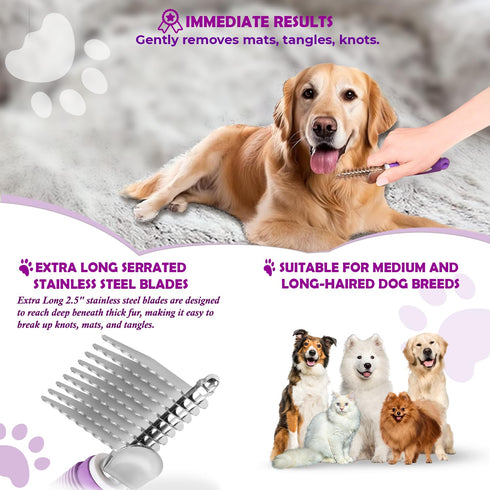 Dematting Undercoat Rake Comb for Dogs & Cats - 2.5-In Stainless Steel Safety Blades for Removing Mats & Tangles