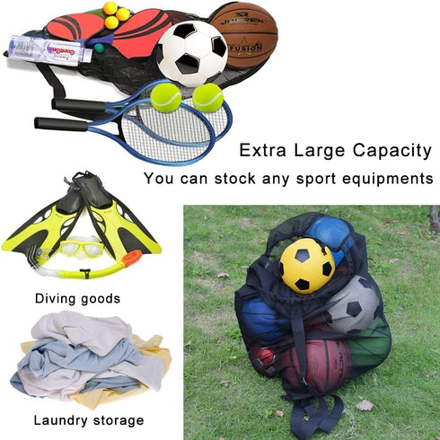 Heavy Duty Mesh Ball Bag, Drawstring Storage Bag for Basketball, Soccer, Sports Gear with Adjustable Strap
