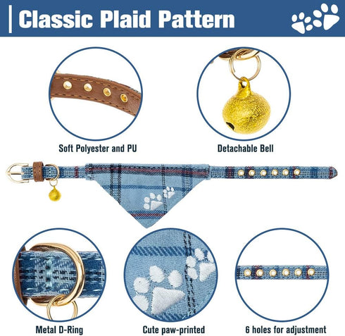 EXPAWLORER Puppy Collar and Leash Set, Embroidery Pawprints Plaid Dog Collar with Bow Tie and Bandana, Blue S
