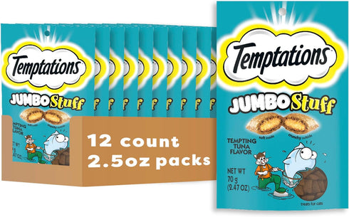 Temptations Jumbo Stuff Crunchy and Soft Cat Treats, Tempting Tuna Flavor, 2.5 oz. Pouch, Pack of 12