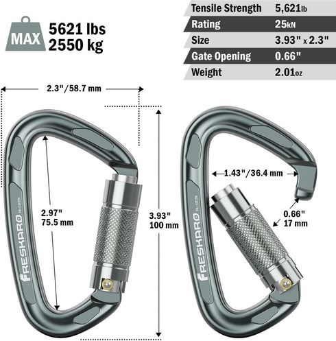 FresKaro 4inches Climbing Carabiners, 25kN-5621lbs, UIAA CE Certified, Twist Auto Locking, Lightweight Rust Proof,