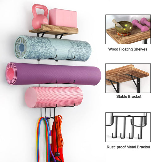 Yoga Mat Holder Accessories, Wall Mount Organizer with 4 Hooks, Storage Rack for Foam Roller, Towel, Yoga Mats
