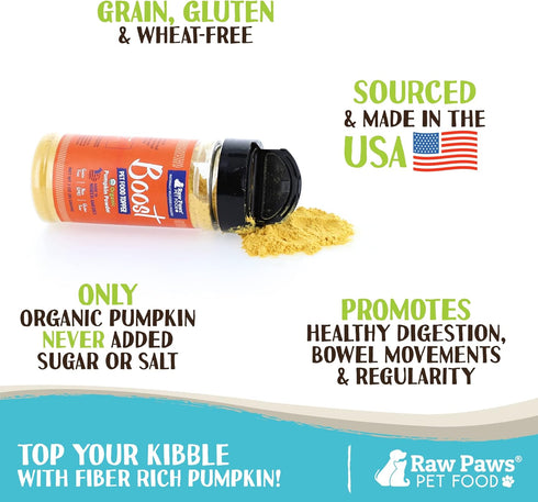 Raw Paws Organic Pumpkin Powder Pet Food Topper, 3-oz - Grain-Free Anti Scoot Dog Food Gravy Made in USA